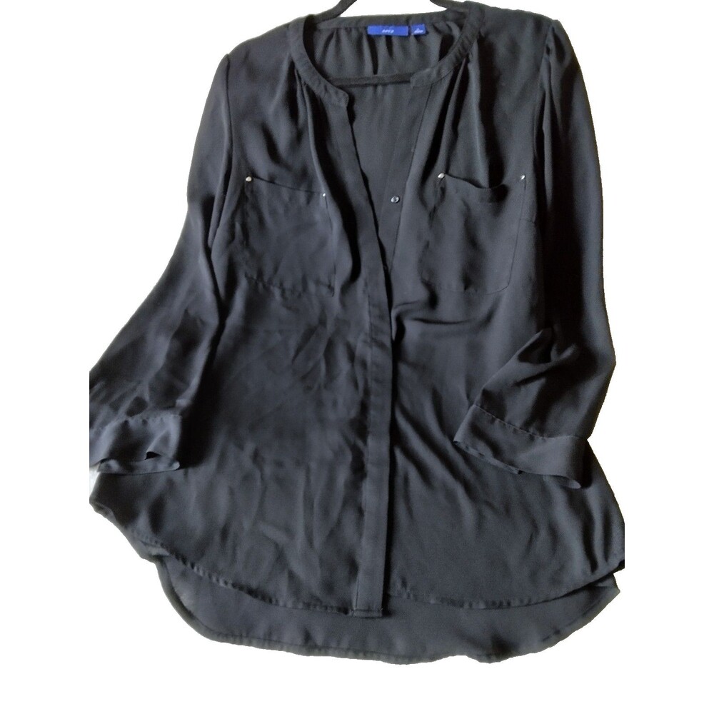Apt. 9 Women's Black Solid Chiffon V-Neck Long Sleeve Button Front Blouse L